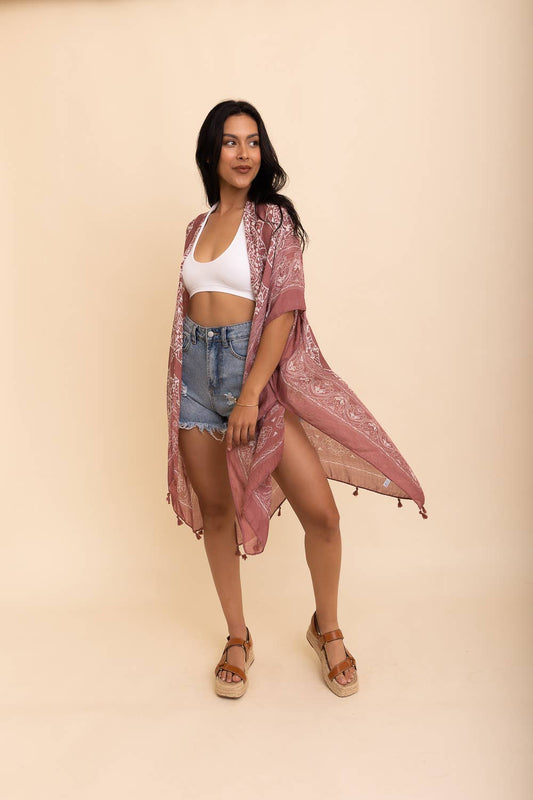 Mandala Tassel Kimono Cardigan in Roseclay