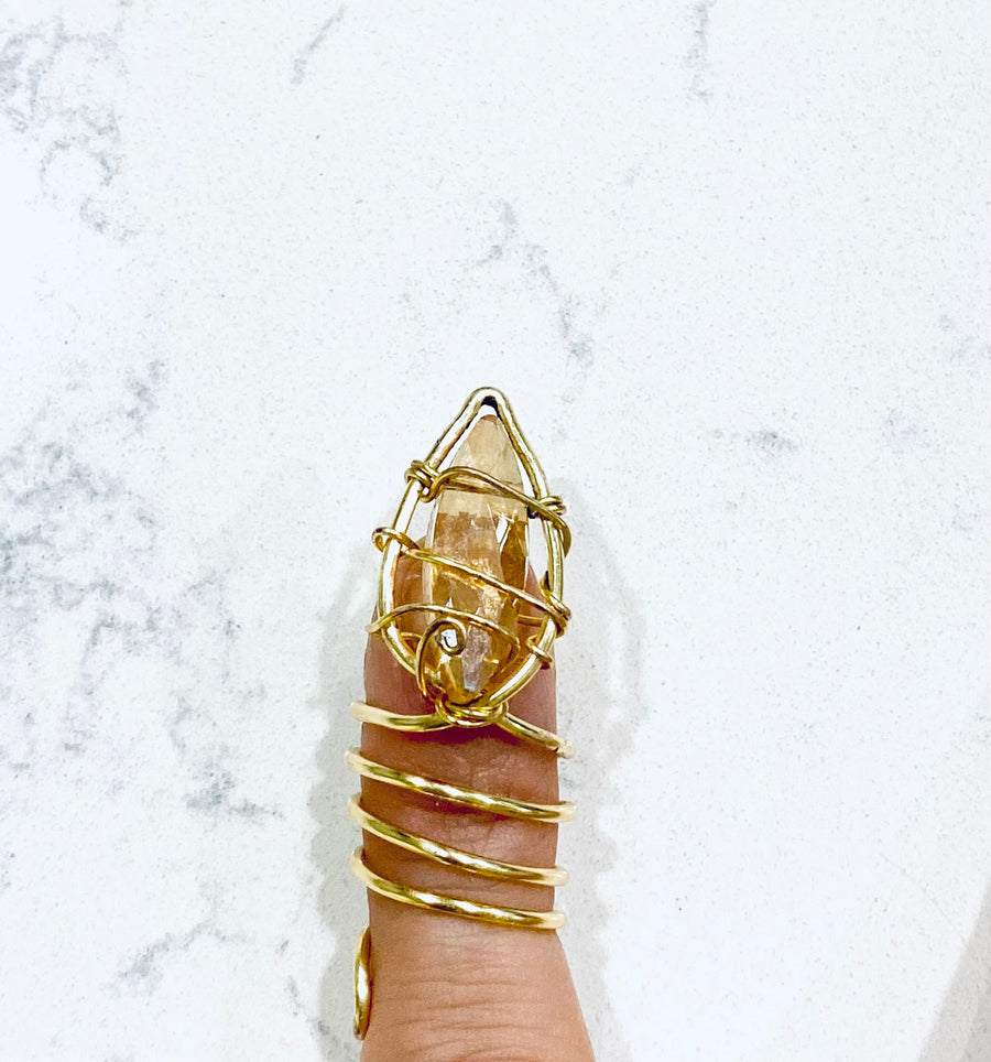 Golden Touch wire-wrapped glass gem forefinger ring