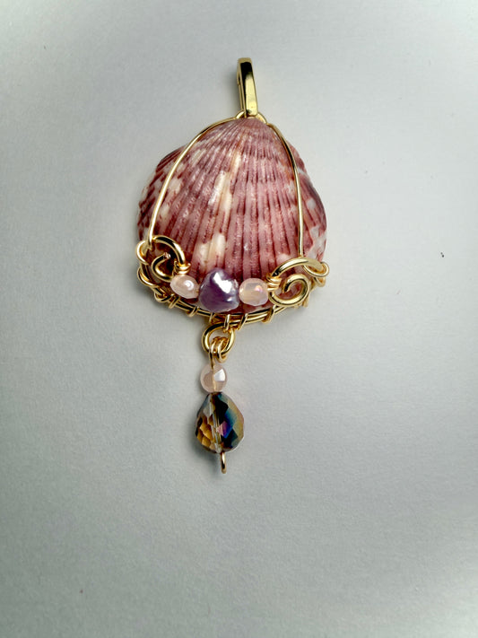 The Rose Tide Charm — Mauve Shell w/ Hidden Pearl & Crystal Drop