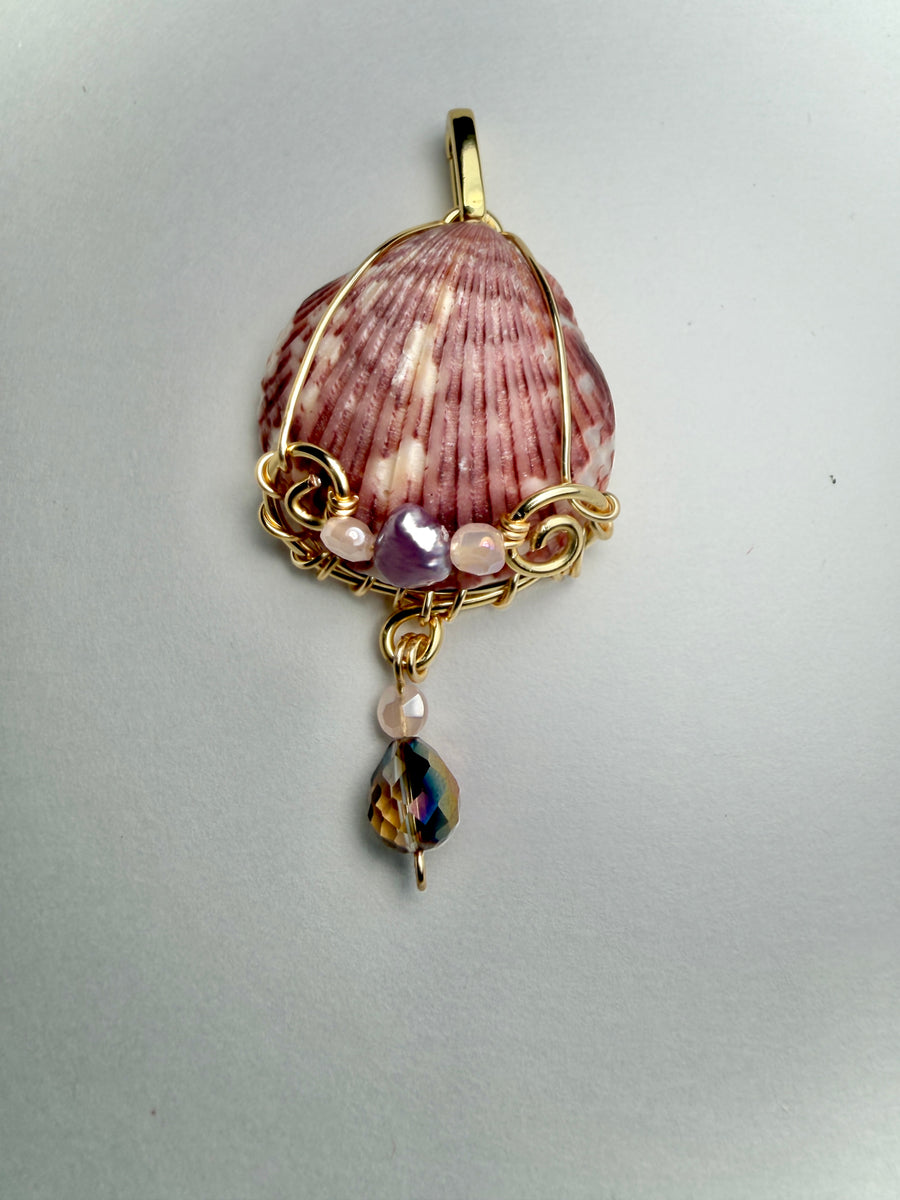 Rose Tide mauve shell charm with hidden pearl and crystal drop