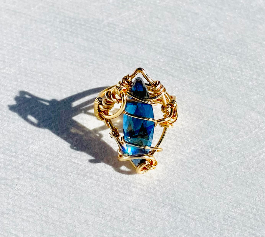 Siren's Crown blue glass jewel statement ring with gold wire swirls