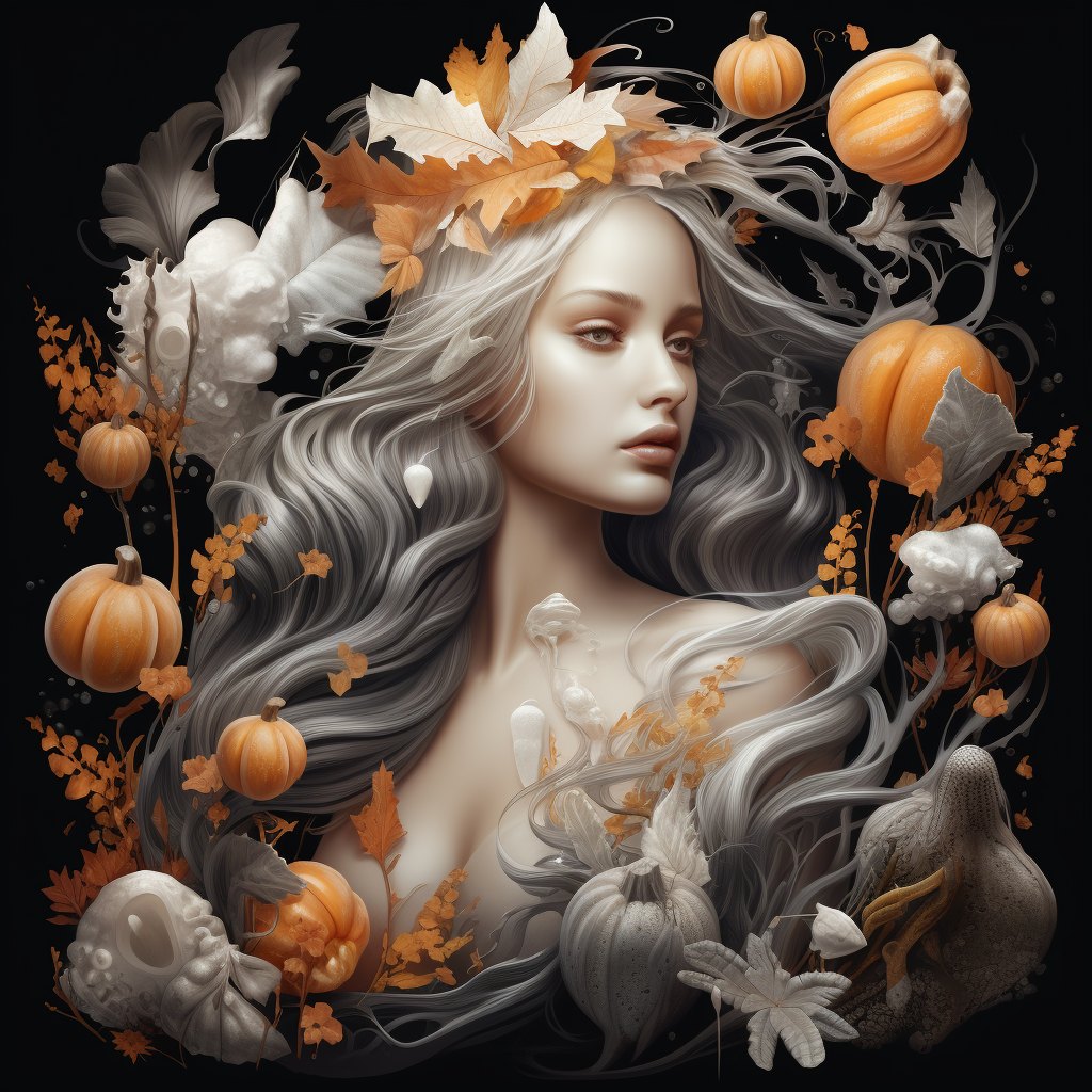 Black and white siren crowned with shells and orange pumpkins